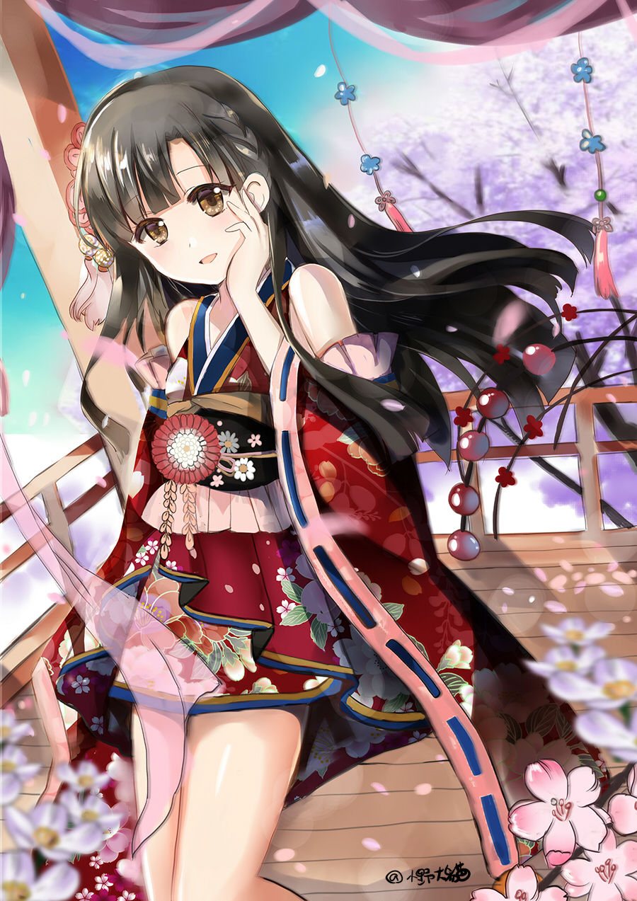 1girl :d bangs black_hair blurry blurry_foreground blush brown_eyes commentary_request day depth_of_field detached_sleeves dutch_angle eyebrows_visible_through_hair floral_print flower hand_on_own_cheek highres idolmaster idolmaster_cinderella_girls japanese_clothes kimono kobayakawa_sae long_hair long_sleeves lunacats open_mouth outdoors pink_flower print_kimono red_kimono ribbon-trimmed_legwear ribbon_trim sleeveless sleeveless_kimono smile solo twitter_username very_long_hair white_flower wide_sleeves