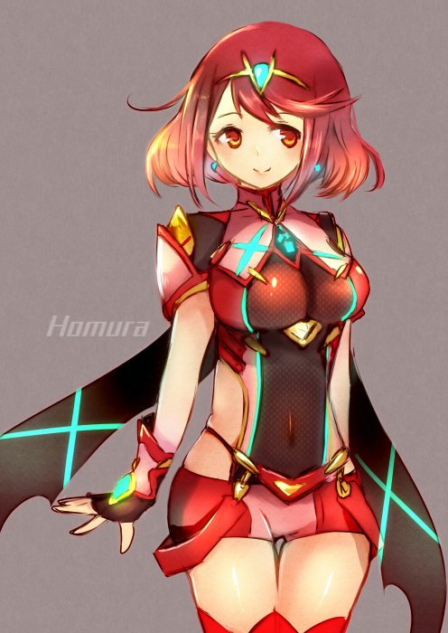 1girl bangs blush breasts character_name covered_navel cowboy_shot earrings fingerless_gloves gloves hair_ornament pyra_(xenoblade) jewelry large_breasts red_eyes red_legwear red_shorts redhead short_hair shorts smile solo swept_bangs thigh-highs thigh_gap tiara trutsmn xenoblade_(series) xenoblade_2