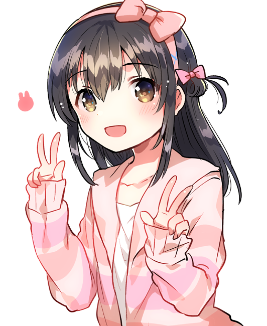 1girl :d bangs black_hair blush bow brown_hair camisole collarbone commentary_request copyright_request double_v eyebrows_visible_through_hair fingernails hair_between_eyes hair_bow hairband hibiki_ao ichihaya long_hair long_sleeves one_side_up open_mouth pink_bow pink_hairband shirt simple_background sleeves_past_wrists smile solo striped striped_shirt upper_body v virtual_youtuber white_background white_camisole