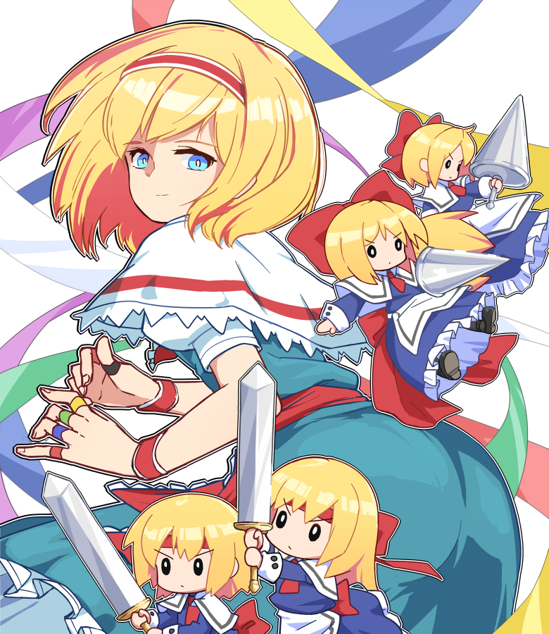 5girls alice_margatroid blonde_hair blue_eyes bow capelet from_behind hair_bow hairband headband lance light_smile long_hair looking_at_viewer looking_back maguro_(mawaru_sushi) multiple_girls polearm ribbon shanghai_doll sword touhou weapon wristband