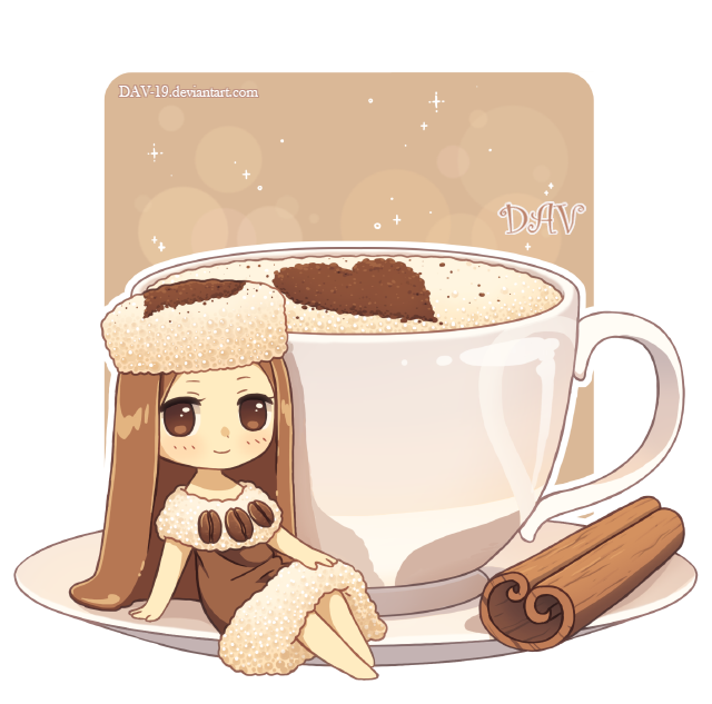 1girl arm_support artist_name barefoot blush brown_dress brown_eyes brown_hair cappuccino_(drink) chibi cinnamon_stick closed_mouth coffee_cup dav-19 dress food_themed_clothes fur-trimmed_dress fur_hat hand_on_own_knee hat heart lace_background long_hair looking_at_viewer original personification saucer sitting smile solo transparent_background very_long_hair watermark web_address white_hat