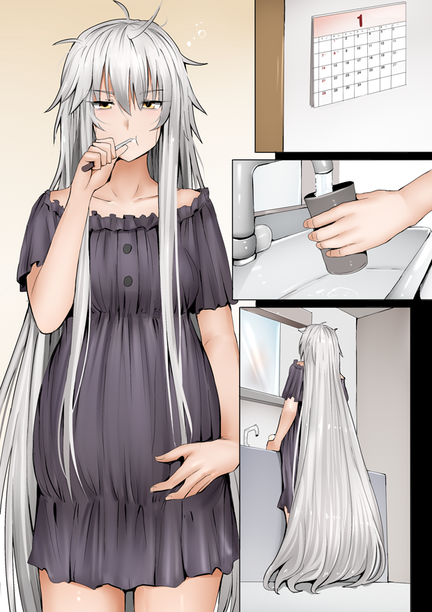 1girl :t black_dress brushing_teeth calendar_(object) comic commentary dress fate/grand_order fate_(series) ginhaha hair_between_eyes hand_on_own_stomach jeanne_d'arc_(alter)_(fate) jeanne_d'arc_(fate)_(all) long_hair messy_hair pregnant silent_comic silver_hair very_long_hair yellow_eyes