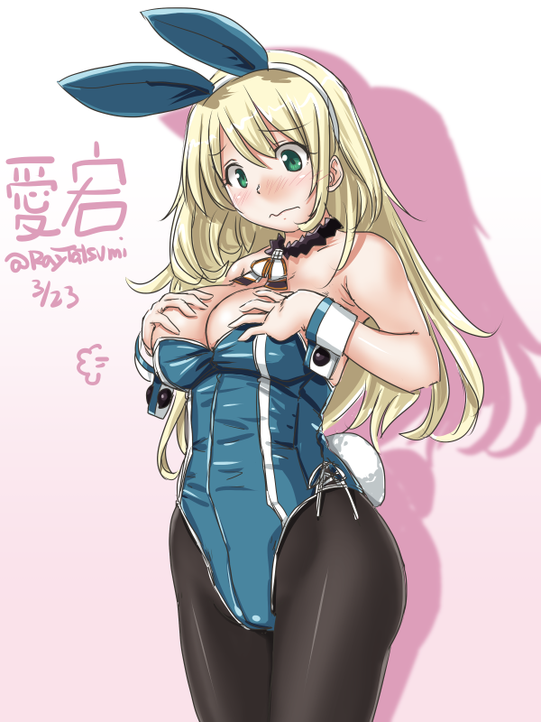 1girl adapted_costume animal_ears atago_(kantai_collection) bare_arms black_legwear blonde_hair blue_leotard blush breast_conscious breasts bunny_tail bunnysuit character_name cleavage closed_mouth cowboy_shot dated detached_collar eyebrows_visible_through_hair fake_animal_ears fake_tail frown gradient gradient_background green_eyes hairband kantai_collection large_breasts leotard long_hair looking_down nose_blush pantyhose pink_background rabbit_ears raised_eyebrows shadow side-tie_leotard solo standing straight_hair tail tareme tatsumi_rei twitter_username undersized_clothes white_hairband wrist_cuffs