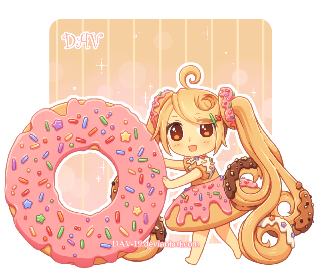 1girl :d absurdly_long_hair ahoge artist_name bangs barefoot blush brown_eyes chibi dav-19 doughnut dress eyebrows_visible_through_hair food food_themed_clothes hair_ornament hairclip lace_background light_brown_hair long_hair looking_at_viewer looking_to_the_side open_mouth original personification puffy_short_sleeves puffy_sleeves short_sleeves smile solo standing striped transparent_background twintails vertical_stripes very_long_hair watermark web_address