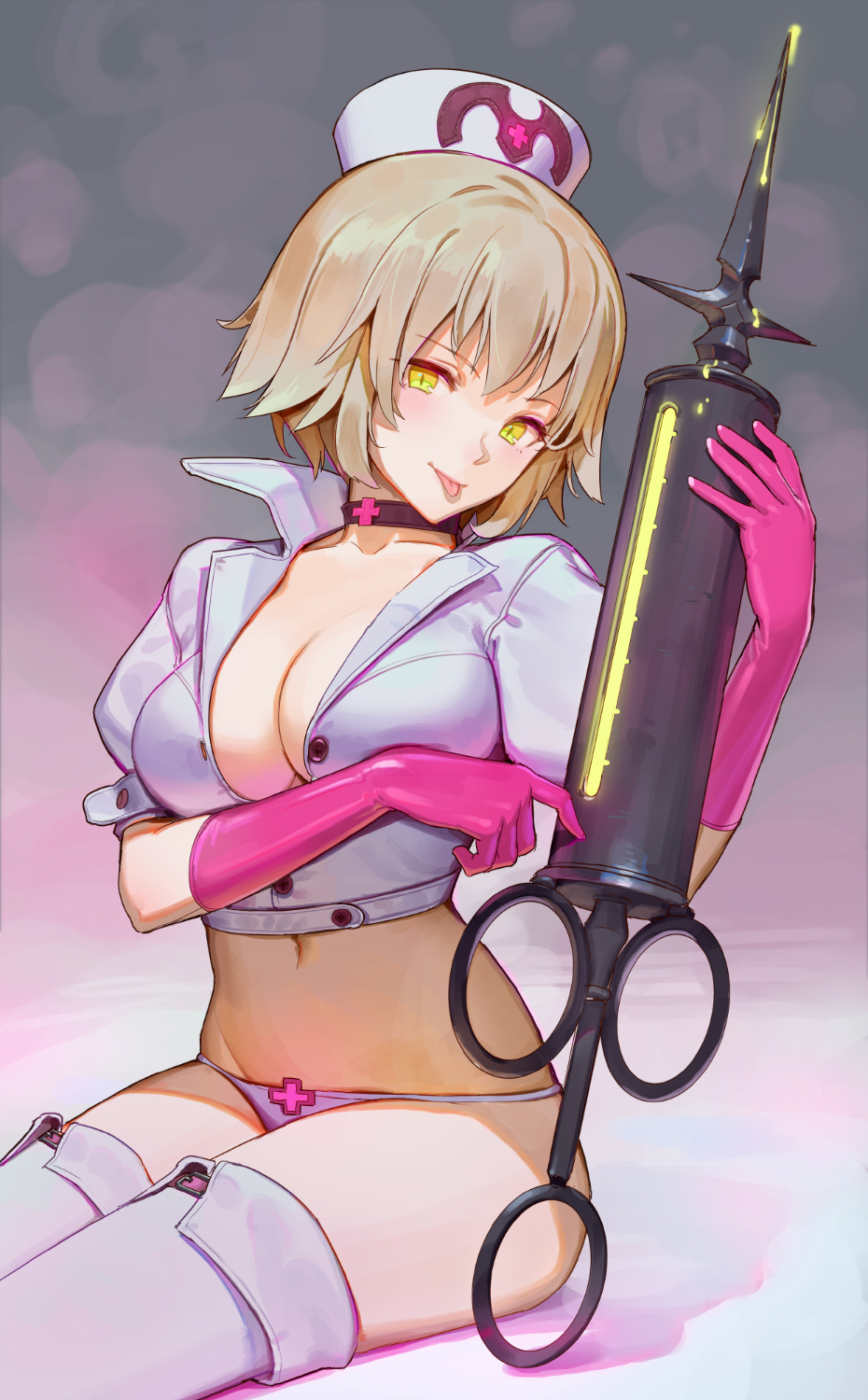 1girl alternate_costume bangs blonde_hair blush breasts closed_mouth collar collarbone eyebrows_visible_through_hair fate/grand_order fate_(series) gloves green_eyes hat highres jeanne_d'arc_(fate) jeanne_d'arc_(fate)_(all) large_breasts legs_together looking_at_viewer nurse nurse_cap oversized_object panties pink_gloves short_hair sidelocks sitting smile solo syringe thigh-highs tim_loechner tongue tongue_out underwear white_legwear white_panties