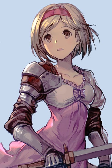 1girl armor bent_elbow blonde_hair breasts brown_eyes collarbone djeeta_(granblue_fantasy) granblue_fantasy hankuri headband holding holding_sword holding_weapon looking_at_viewer red_headband short_hair simple_background solo sword weapon