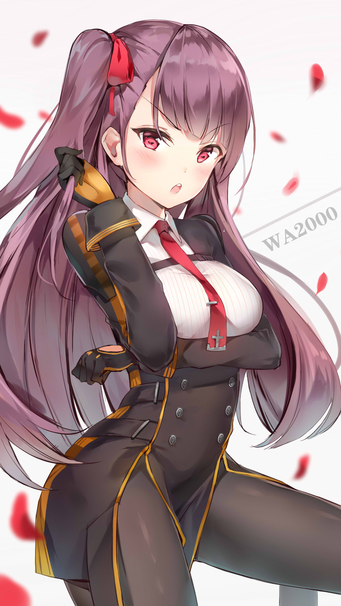 1girl :o absurdres bangs black_gloves black_legwear black_skirt blunt_bangs blush breast_hold breasts character_name chestnut_mouth collared_shirt double-breasted ginn_(hzh770121) girls_frontline gloves hair_ribbon high-waist_skirt highres long_hair long_sleeves looking_at_viewer medium_breasts motion_lines necktie one_side_up panties pantyhose petals red_eyes red_neckwear red_ribbon ribbon round_teeth shiny shiny_hair shirt skirt solo straight_hair striped striped_shirt teeth underwear v-shaped_eyebrows vertical-striped_shirt vertical_stripes very_long_hair wa2000_(girls_frontline) white_shirt wing_collar