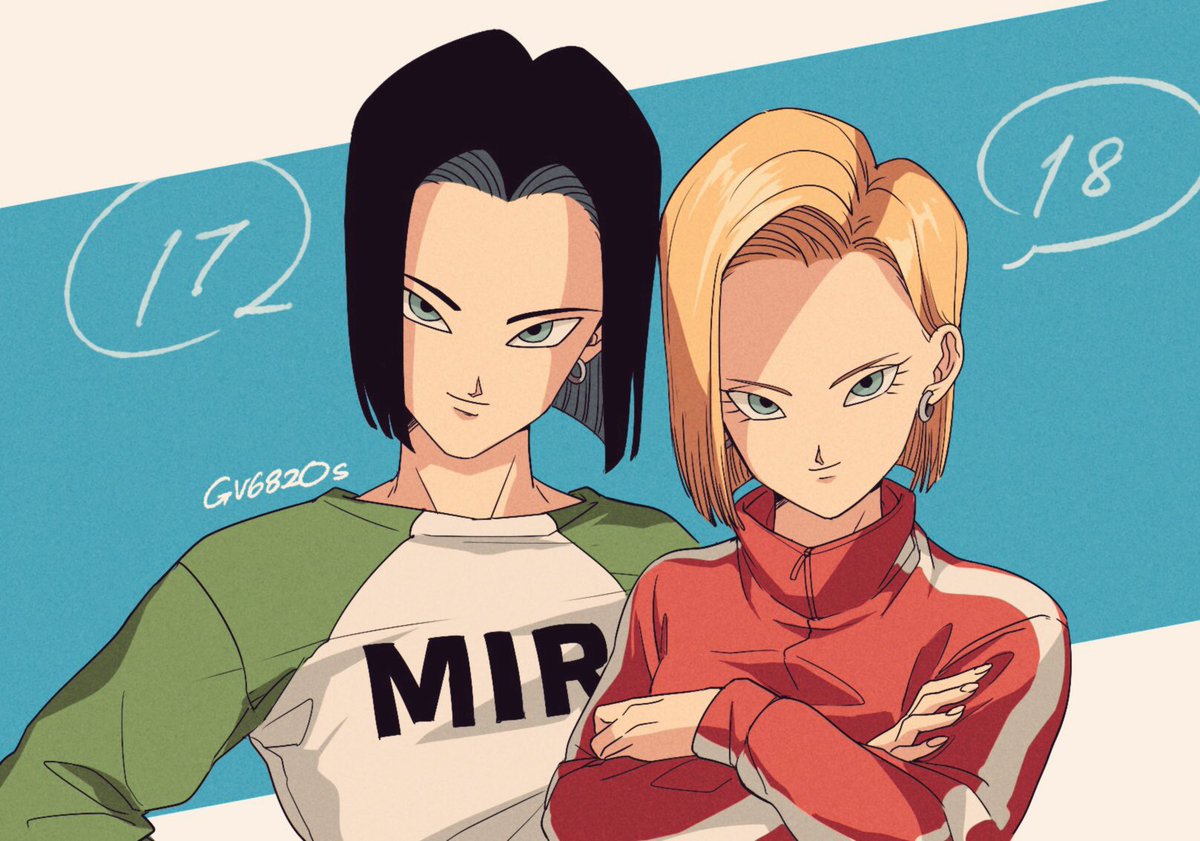 1boy 1girl android_17 android_18 black_hair blonde_hair blue_background blue_eyes brother_and_sister character_name commentary_request crossed_arms dragon_ball dragon_ball_super dragonball_z earrings eyelashes fingernails green_shirt gym_uniform jewelry long_sleeves looking_at_viewer shaded_face shirt short_hair siblings simple_background smile standing tama_azusa_hatsu turtleneck twitter_username white_background white_shirt