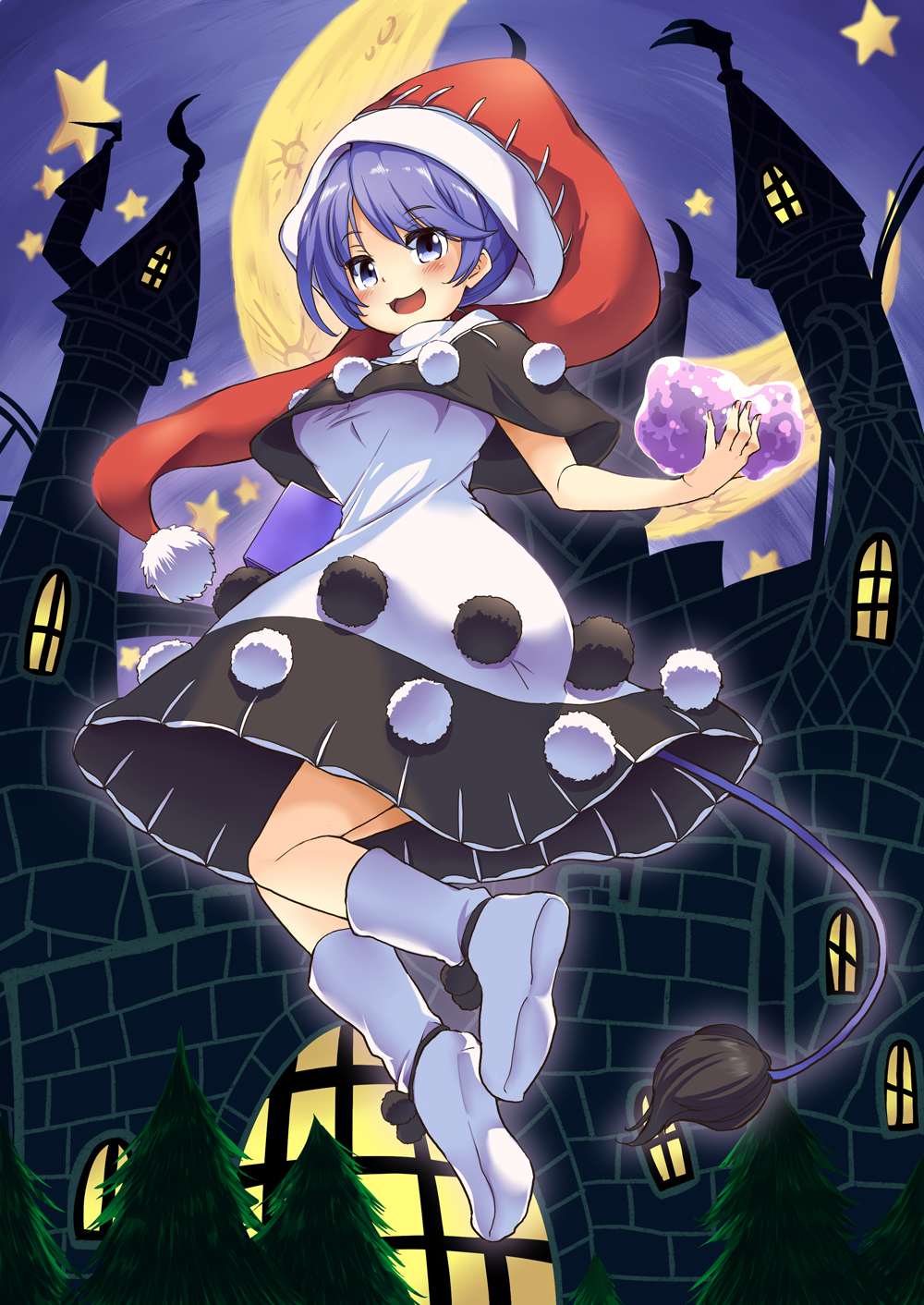 1girl bangs blue_eyes blue_hair blush book capelet castle commentary doremy_sweet dream_soul dress eyebrows_visible_through_hair hat highres looking_at_viewer moon nightcap open_mouth pom_pom_(clothes) short_sleeves smile socks solo star tail tanasuke tapir_tail touhou tower tree white_legwear