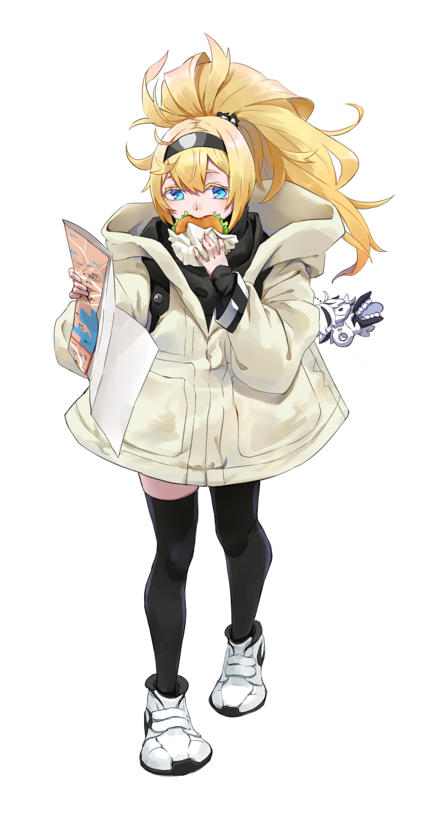 1girl black_hairband black_legwear blonde_hair blue_eyes coat commentary_request eating food full_body gambier_bay_(kantai_collection) hairband hamburger highres hisame_(gocbu) kantai_collection long_hair map_(object) ponytail shoes sneakers solo standing thigh-highs white_coat white_footwear winter_clothes winter_coat