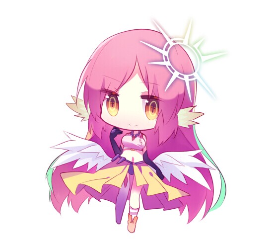 1girl angel_wings breasts chibi crop_top cross cuivre feathered_wings full_body gloves gradient_eyes halo jibril_(no_game_no_life) long_hair low_wings magic_circle medium_breasts midriff mismatched_legwear multicolored multicolored_eyes multicolored_hair navel no_game_no_life orange_eyes pink_hair shoes single_shoe smile solo symbol-shaped_pupils very_long_hair white_wings wing_ears wings yellow_eyes