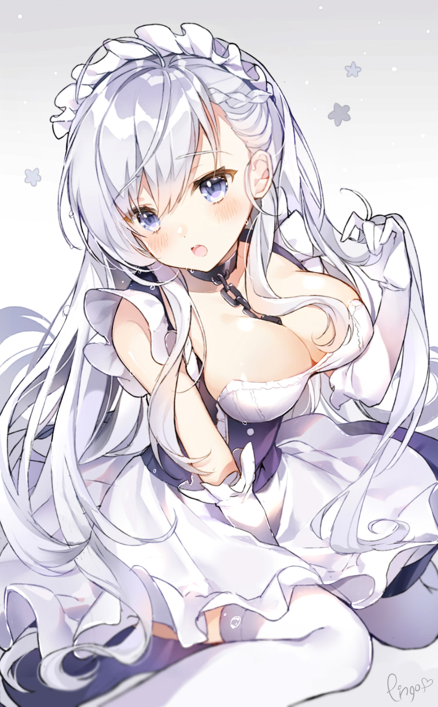 1girl azur_lane bangs belfast_(azur_lane) between_breasts black_dress blue_eyes blush braid breasts chains cleavage collarbone dress elbow_gloves eyebrows_visible_through_hair gloves gradient gradient_background grey_background hair_between_eyes highres large_breasts long_hair looking_away looking_to_the_side maid maid_headdress open_mouth pingo signature silver_hair sitting sleeveless sleeveless_dress solo sweat thigh-highs upper_teeth very_long_hair wariza white_background white_gloves white_legwear