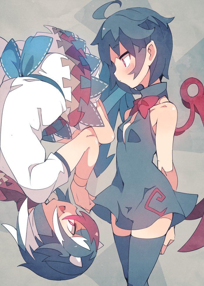 2girls :d ahoge arms_behind_back bare_shoulders black_dress black_hair black_legwear blush breasts cleavage_cutout closed_mouth commentary_request directional_arrow dress dress_shirt ear eyebrows_visible_through_hair fang feet_out_of_frame fetal_position fuukadia_(narcolepsy) grey_background horns houjuu_nue jitome kijin_seija medium_breasts multicolored_hair multiple_girls open_mouth red_eyes red_neckwear sash shirt short_dress short_hair short_sleeves sleeveless sleeveless_dress smile standing streaked_hair thigh-highs touhou tsurime upside-down white_dress wings zettai_ryouiki