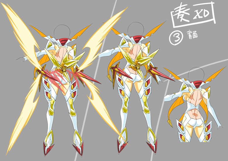 1girl amou_kanade artist_request ass back_cutout bodysuit boots character_sheet from_behind glowing glowing_wings grey_background high_heel_boots high_heels multicolored multicolored_bodysuit multicolored_clothes multiple_views official_art red_scarf scarf senki_zesshou_symphogear senki_zesshou_symphogear_xd_unlimited simple_background translation_request white_bodysuit white_footwear wings x-drive_(symphogear) yellow_bodysuit yellow_wings