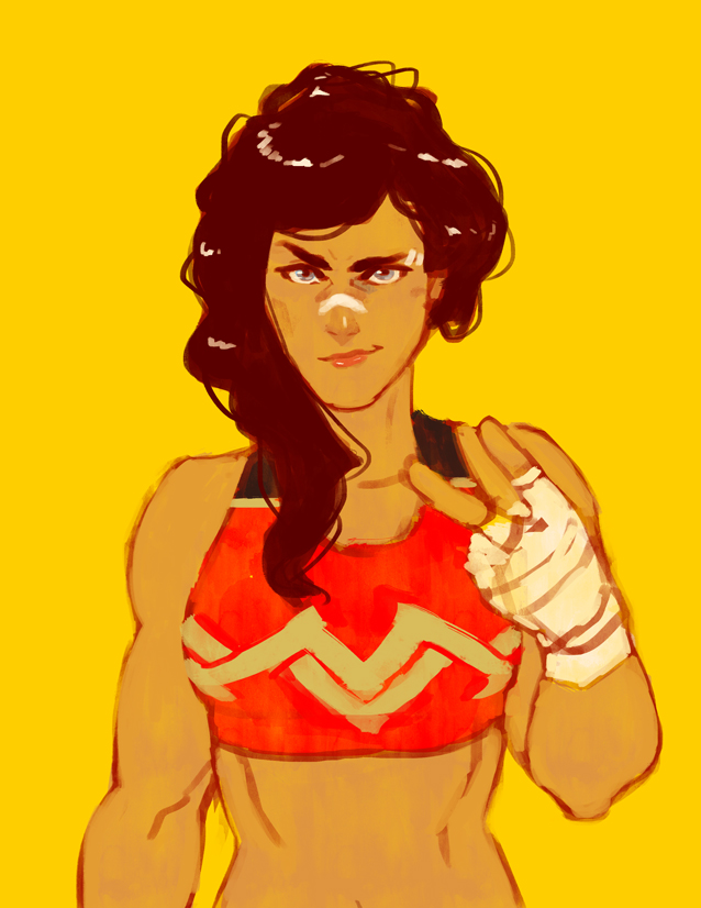 1girl arthur_asa bandage bandaged_hands blue_eyes dc_comics diana_prince justice_league midriff muscle muscular_female tied_hair wonder_woman