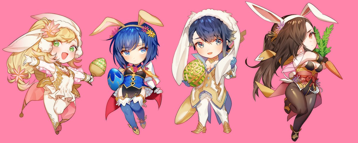 alfonse_(fire_emblem) animal_ears blonde_hair blue_eyes blue_hair blush breasts brother_and_sister brown_eyes brown_hair bunny_girl bunny_tail bunnysuit chibi cleavage detached_collar earmuffs egg fake_animal_ears fingerless_gloves fire_emblem fire_emblem:_mystery_of_the_emblem fire_emblem_heroes fire_emblem_if gloves green_eyes hair_over_one_eye headband kagerou_(fire_emblem_if) katua long_hair looking_at_viewer medium_breasts multicolored_hair ninja open_mouth pegasus_knight ponytail rabbit_ears scarf sharena short_hair siblings simple_background small_breasts smile tail thigh-highs white_background zuizi