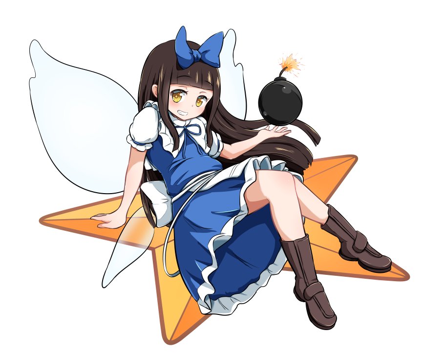 1girl ajia_(otya3039) apron bangs bent_knees blue_bow blue_neckwear blue_skirt blue_vest blunt_bangs bomb boots bow brown_footwear brown_hair collared_shirt commentary eyebrows_visible_through_hair eyelashes fairy_wings flat_chest frilled_shirt_collar frilled_skirt frilled_sleeves frills full_body fuse grin hair_bow hime_cut knees_together_feet_apart knees_up leaning_back long_hair looking_at_viewer neck_ribbon open_hand puffy_short_sleeves puffy_sleeves ribbon ribbon-trimmed_sleeves ribbon_trim sash shirt short_sleeves sidelocks simple_background sitting skirt smile solo star star_sapphire teeth touhou vest waist_apron white_background white_frills white_shirt wings yellow_eyes