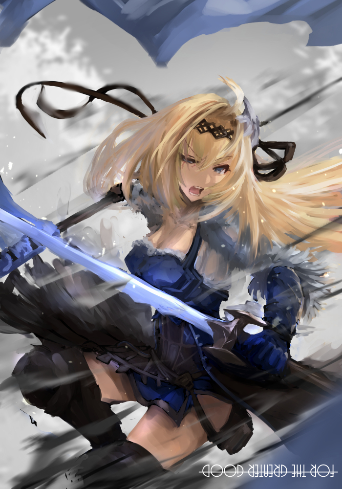 1girl armor battle blonde_hair blue_eyes boots breasts cleavage dual_wielding feathers fighting_stance flag flower gauntlets gloves glowing glowing_sword glowing_weapon granblue_fantasy hair_feathers hair_flower hair_intakes hair_ornament hairband holding holding_flag holding_sword holding_weapon jeanne_d'arc_(granblue_fantasy) long_hair para00 skirt sword thigh-highs thigh_boots thighs weapon