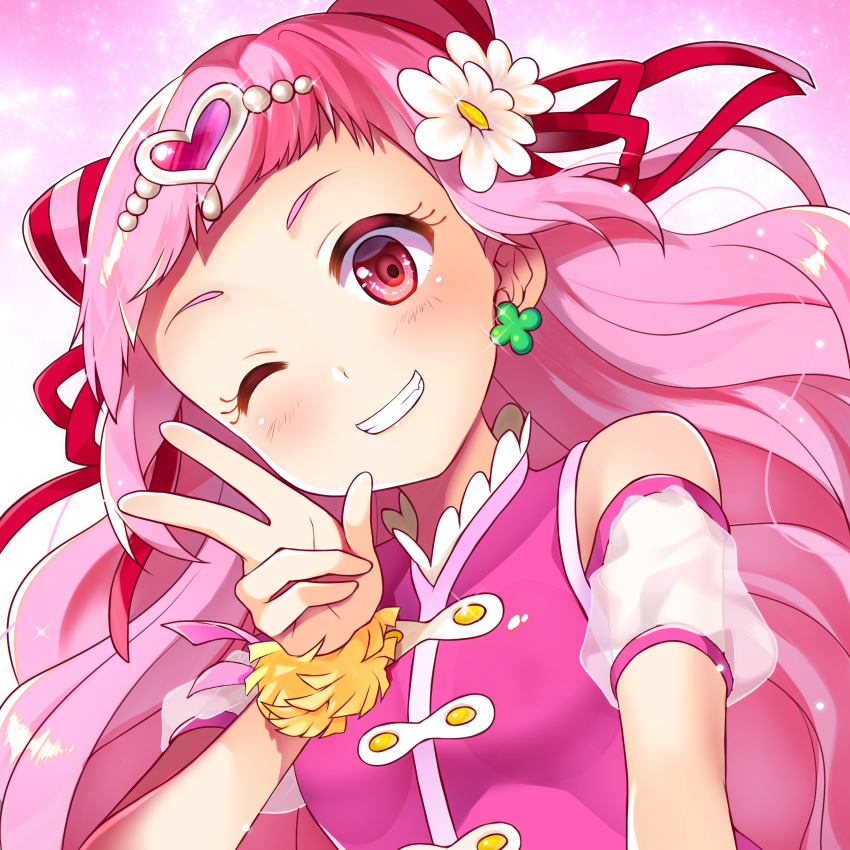 1girl ;) clenched_teeth commentary_request cure_yell flower hair_flower hair_ornament hair_ribbon heart hugtto!_precure long_hair looking_at_viewer magical_girl nekosugi_(hoshi) nono_hana one_eye_closed pink_eyes pink_hair precure red_ribbon ribbon smile solo teeth upper_body v