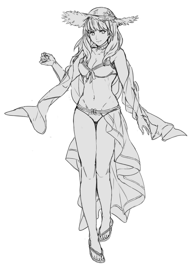 1girl bikini celica_(fire_emblem) fire_emblem fire_emblem_echoes:_mou_hitori_no_eiyuuou fire_emblem_heroes jewelry kamu_(kamuuei) long_hair monochrome navel smile solo swimsuit tiara white_background