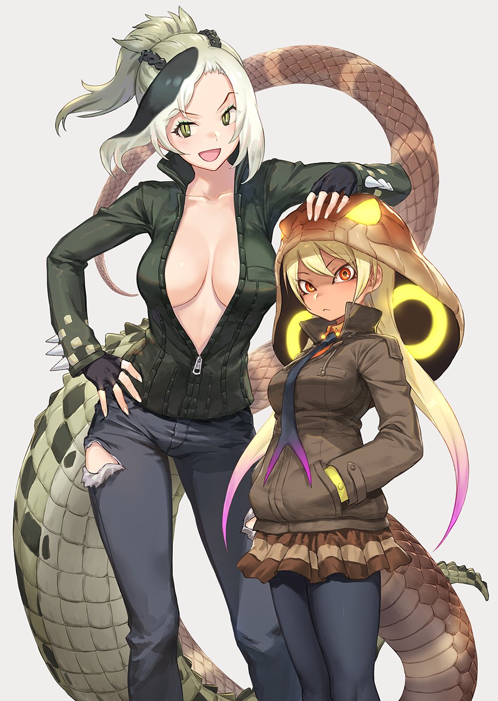 2girls :d arms_behind_back black_gloves black_legwear blonde_hair braid breasts center_opening character_request collarbone commentary crocodile_tail eyebrows_visible_through_hair fingerless_gloves gloves gradient_hair green_eyes green_hair guchico hand_on_another's_head hand_on_hip highres kemono_friends king_cobra_(kemono_friends) large_breasts long_hair looking_at_viewer multicolored_hair multiple_girls necktie open_mouth pants pantyhose pink_hair ponytail red_eyes skirt slit_pupils smile snake_tail tail