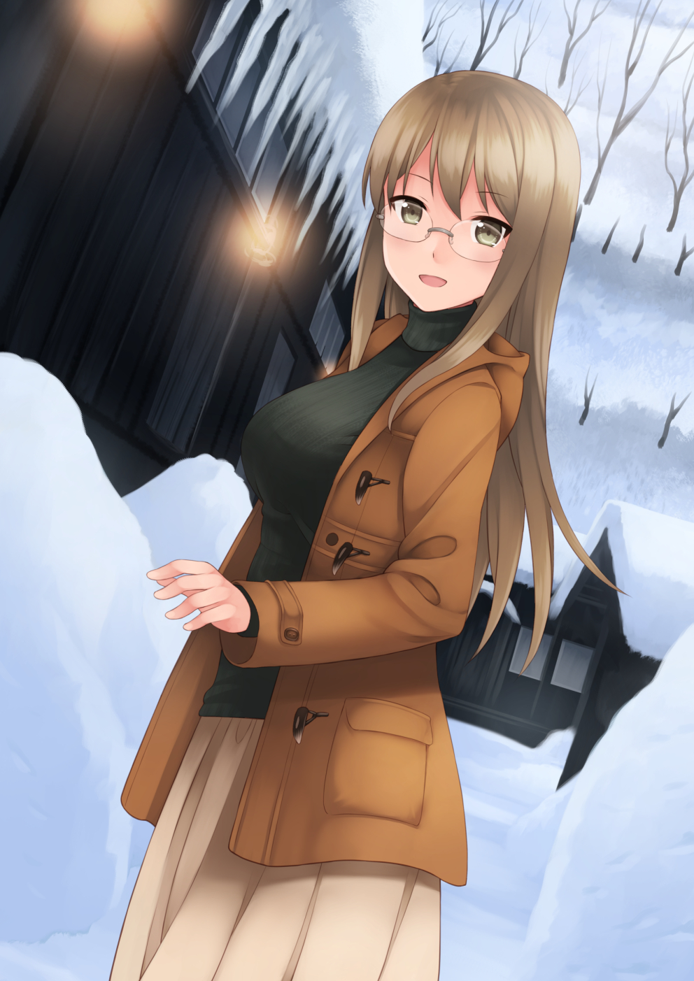 1girl akemiho_tabi_nikki black_sweater breasts brown_coat brown_eyes brown_hair coat commentary_request glasses highres icicle kouno_hikaru large_breasts long_hair looking_at_viewer open_mouth oribe_shiori outdoors skirt snow solo sweater