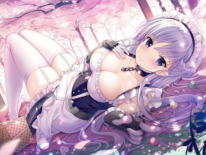 1girl arm_guards azur_lane bangs bare_shoulders basket belfast_(azur_lane) black_choker blanket blush braid breasts candy chains cherry_blossoms choker cleavage closed_mouth collarbone corset dappled_sunlight dress elbow_gloves eyebrows_visible_through_hair flower food french_braid frilled_gloves frilled_skirt frills garter_straps gloves hand_on_own_chest knees_up large_breasts lollipop looking_at_viewer looking_to_the_side lying maid maid_headdress no_shoes on_back outdoors petals pink_flower shiny shiny_hair skirt sleeveless sleeveless_dress smile solo sousouman sunlight thigh-highs tree white_dress white_gloves zettai_ryouiki