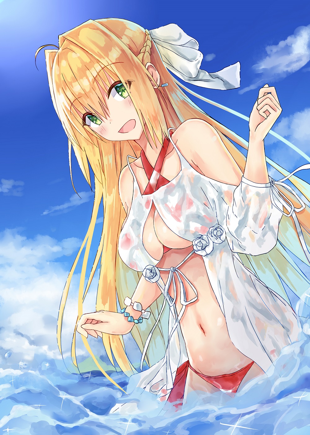 1girl ahoge akaya_(pixiv20545353) bare_shoulders bikini blonde_hair blush bracelet braid breasts clouds earrings eyebrows_visible_through_hair fate/grand_order fate_(series) green_eyes hair_between_eyes hair_ribbon highres jewelry large_breasts long_hair looking_at_viewer navel nero_claudius_(fate) nero_claudius_(fate)_(all) nero_claudius_(swimsuit_caster)_(fate) open_mouth red_bikini ribbon see-through single_braid sky swimsuit water wet wet_clothes white_ribbon