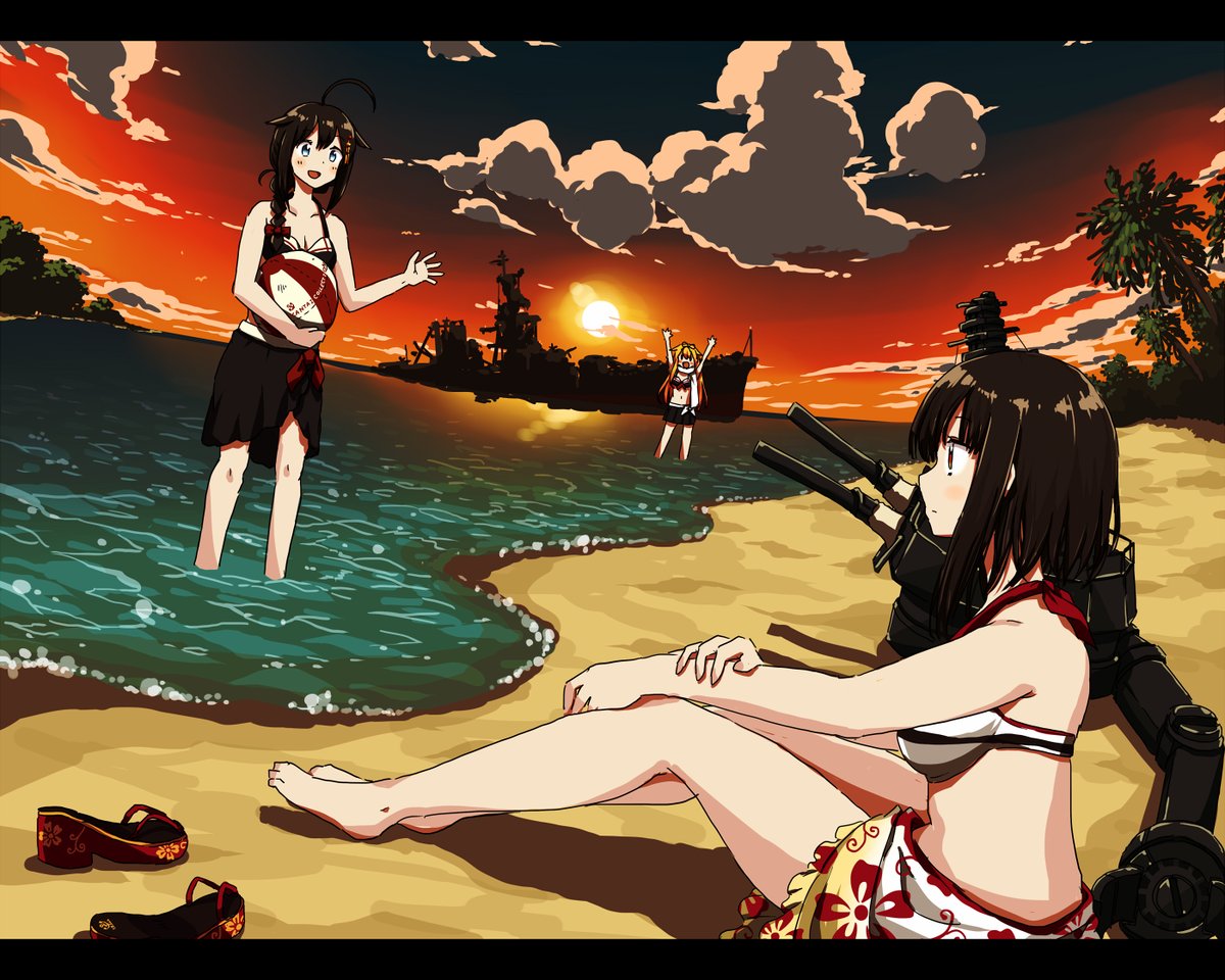 3girls ahoge any_(lucky_denver_mint) arms_up bare_arms bare_legs bare_shoulders barefoot beach black_bikini_top black_hair black_hat black_skirt blonde_hair blue_eyes blush braid breasts cleavage clouds dutch_angle evening floral_print footwear_removed gradient_sky hair_flaps hair_ornament hair_over_shoulder hair_ribbon hairpin halter_top halterneck hand_on_own_arm hat horizon kantai_collection long_hair machinery medium_breasts multiple_girls ocean on_ground outdoors palm_tree profile red_eyes red_footwear red_ribbon reflection remodel_(kantai_collection) ribbon sand sarong scarf shigure_(kantai_collection) shiny shiny_hair shipwreck shore short_hair single_braid sitting skirt small_breasts standing sun sunset tree very_long_hair wading water white_bikini_top white_scarf yamashiro_(kantai_collection) yuudachi_(kantai_collection)