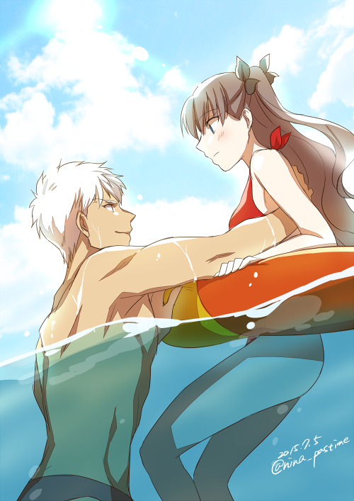 1boy 1girl alternate_hairstyle archer bikini bikini_bottom black_hair dark_skin fate/stay_night fate_(series) female_swimwear floating innertube long_hair male_swimwear nina_pastime partially_submerged partially_underwater_shot pixiv short_hair summer swimming tohsaka_rin twintails water white_hair