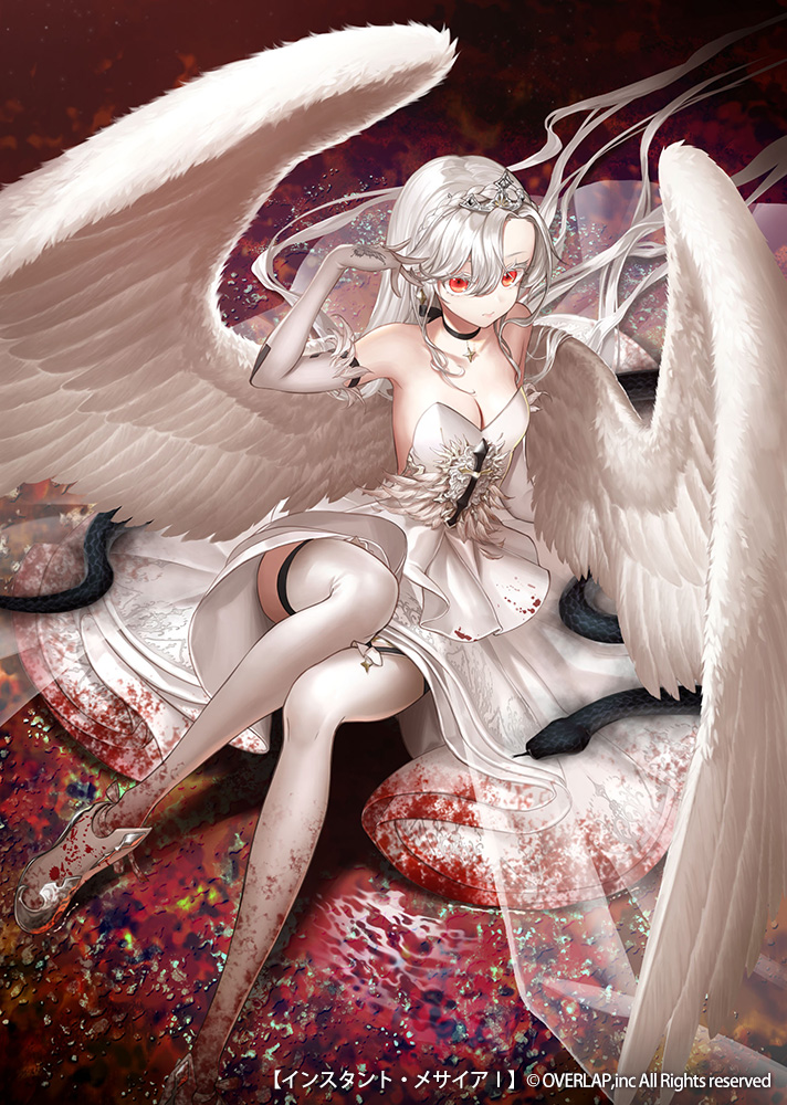 1girl arm_up bangs bare_shoulders bent_knees breasts choker cinkai cleavage dress elbow_gloves gloves hair_between_eyes long_hair looking_at_viewer medium_breasts official_art original red_eyes reptile shoes silver_hair sitting snake solo strapless strapless_dress thigh-highs tiara very_long_hair white_dress white_legwear white_wings wings