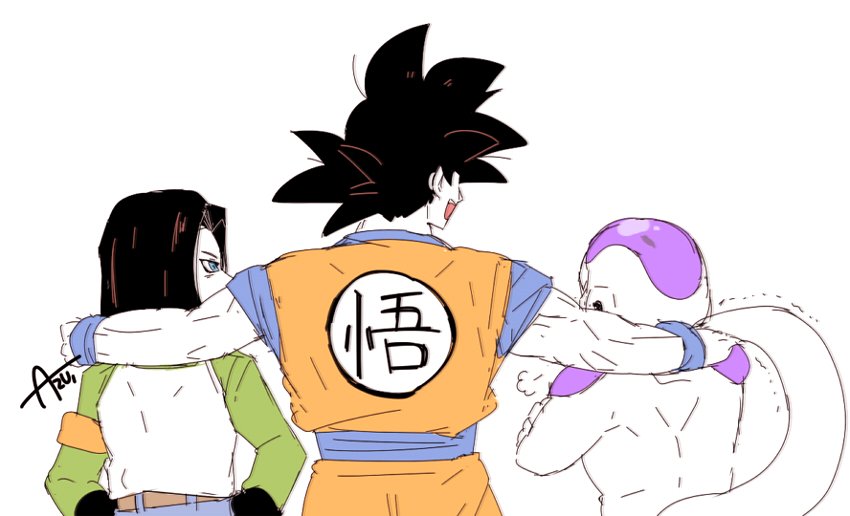 3boys =3 alien android_17 annoyed artist_name azu_(kirara310) back_turned belt black_hair blue_eyes commentary_request crossed_arms dougi dragon_ball dragon_ball_super dragonball_z frieza hands_on_another's_shoulder height_difference long_sleeves looking_at_another male_focus multiple_boys muscle open_mouth pants short_hair simple_background son_gokuu spiky_hair tail team white_background wristband