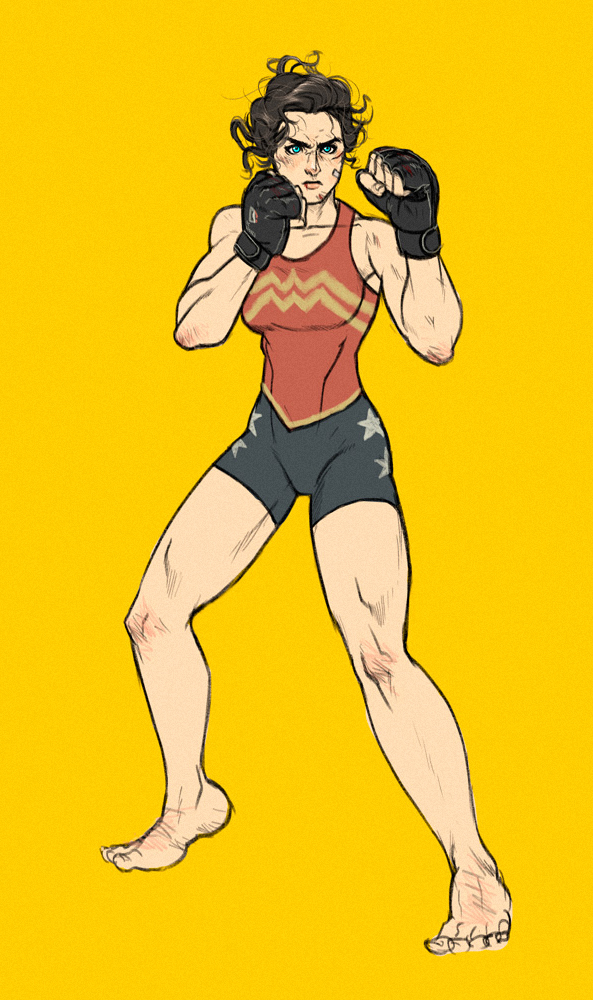 1girl arthur_asa blue_eyes colored dc_comics diana_prince fighting_stance justice_league mixed_martial_arts mma_gloves muscle muscular_female shorts sketch superhero thighs wonder_woman yellow_background