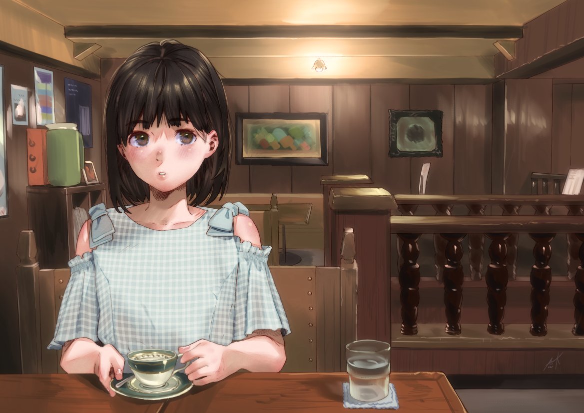 1girl blush brown_hair chair cup eyebrows_visible_through_hair holding kamiyama_aya original picture_frame plate saucer short_hair sitting teacup