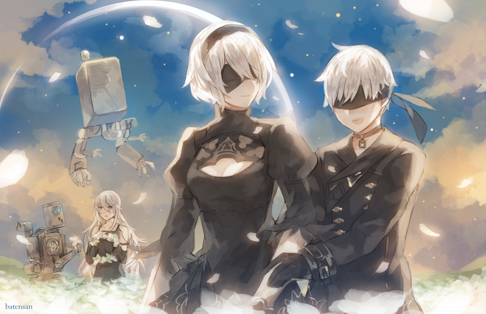 1boy 2girls android artist_name bare_shoulders batensan black_dress black_gloves black_hairband black_jacket blindfold blue_eyes breasts choker cleavage cleavage_cutout clouds dress flower gloves hairband jacket juliet_sleeves long_hair long_sleeves looking_at_another medium_breasts mole mole_under_mouth multiple_girls nier_(series) nier_automata open_mouth patterned_clothing petals planet pod_(nier_automata) puffy_sleeves short_hair silver_hair sky smile upper_body yorha_no._2_type_b yorha_no._9_type_s yorha_type_a_no._2