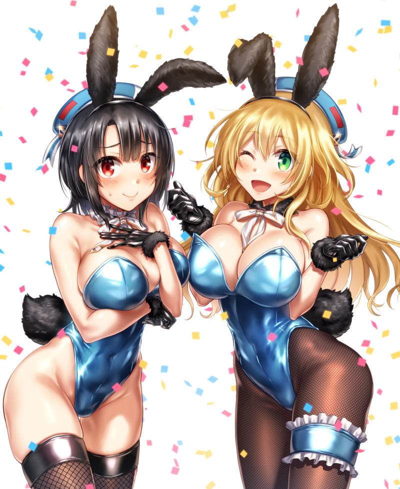 2girls adapted_costume animal_ears atago_(kantai_collection) beret black_gloves black_hair black_legwear blonde_hair blue_hat blue_leotard blush breasts bunny_girl bunny_tail bunnysuit cowboy_shot detached_collar fake_animal_ears fishnet_legwear fishnet_pantyhose fishnets gloves green_eyes hand_on_own_chest hat highleg highleg_leotard kantai_collection large_breasts leg_garter leotard long_hair looking_at_viewer mika_(1020mk) multiple_girls one_eye_closed open_mouth pantyhose rabbit_ears red_eyes short_hair smile strapless strapless_leotard tail takao_(kantai_collection) thigh-highs white_background wrist_cuffs