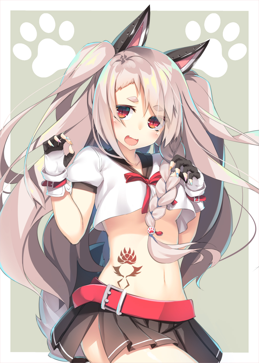 1girl :d animal_ears azur_lane belt belt_buckle black_skirt braid breasts buckle cowboy_shot crop_top fake_animal_ears fangs fingerless_gloves fingernails gloves green_background hair_ornament highres long_fingernails long_hair looking_at_viewer mechanical_ears medium_breasts miniskirt multicolored multicolored_nail_polish nail_polish navel no_bra olive_(laai) open_mouth outside_border paw_background pleated_skirt puffy_short_sleeves puffy_sleeves red_eyes red_ribbon ribbon shiny shiny_hair shirt short_sleeves side_braid silver_hair skirt slit_pupils smile solo standing standing_on_one_leg stomach tattoo thick_eyebrows two_side_up under_boob very_long_hair white_gloves white_shirt yuudachi_(azur_lane)