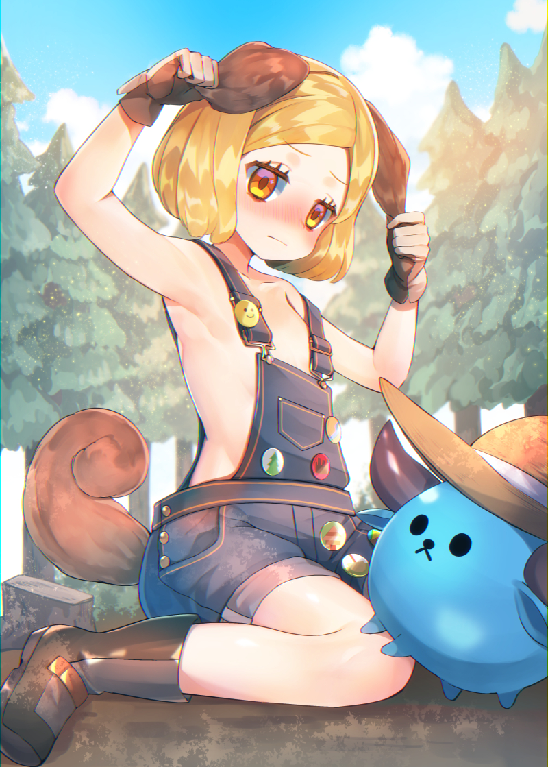 1girl animal_ears arms_up bare_shoulders black_footwear blonde_hair blue_sky blush boots brown_eyes brown_gloves clouds commentary_request creature day dog_ears dog_girl dog_tail ear_grab fate/grand_order fate_(series) forest gloves hat hat_removed headwear_removed kemonomimi_mode naked_overalls nature nose_blush outdoors overall_shorts overalls paul_bunyan_(fate/grand_order) short_hair sitting sky solo straw_hat suzuho_hotaru tail tree tree_stump wariza