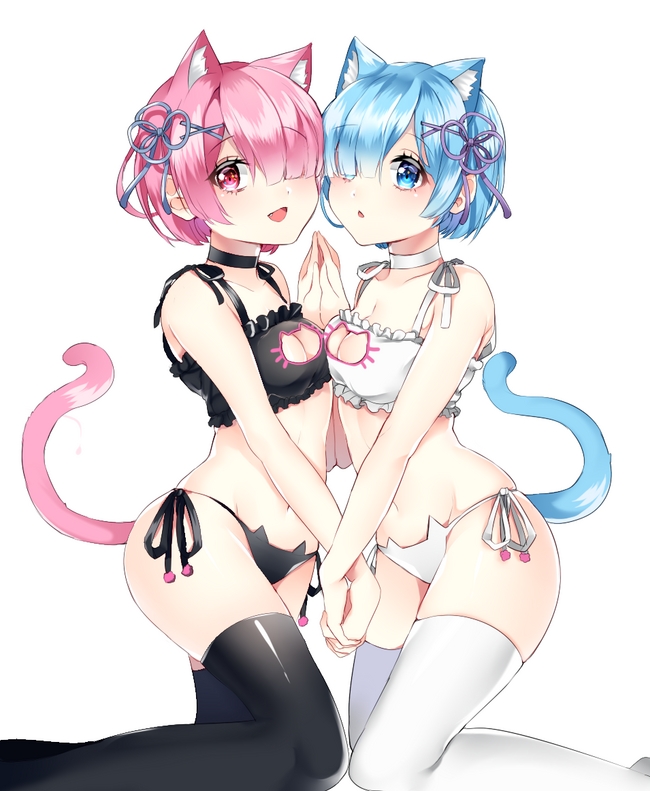 2girls animal_ears bangs black_bra black_choker black_legwear black_panties blue_eyes blue_hair bra breasts cat_cutout cat_ear_panties cat_lingerie cat_tail choker cleavage cleavage_cutout commentary danma_(codnjs7916) eyebrows_visible_through_hair fang from_side hair_ornament hair_over_one_eye hair_ribbon hand_holding kemonomimi_mode lingerie looking_at_viewer medium_breasts meme_attire multiple_girls navel panties parted_lips pink_eyes pink_hair ram_(re:zero) re:zero_kara_hajimeru_isekai_seikatsu rem_(re:zero) ribbon short_hair siblings side-by-side side-tie_panties simple_background sisters symmetrical_hand_pose tail thigh-highs twins underwear white_background white_bra white_choker white_legwear white_panties x_hair_ornament