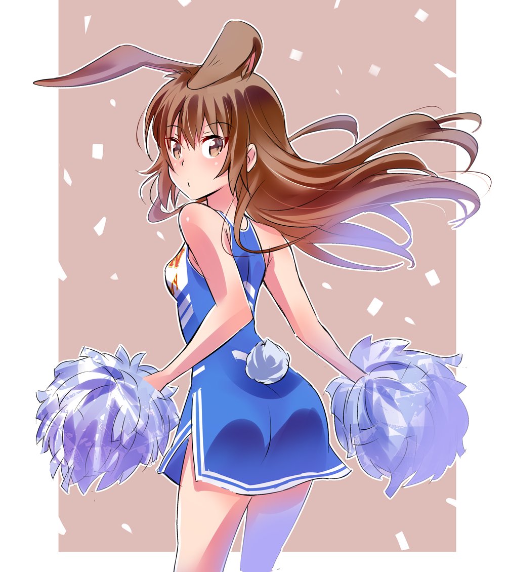 1girl animal_ears brown_eyes brown_hair bunny_girl bunny_tail cheerleader iesupa rabbit_ears rwby solo tail velvet_scarlatina