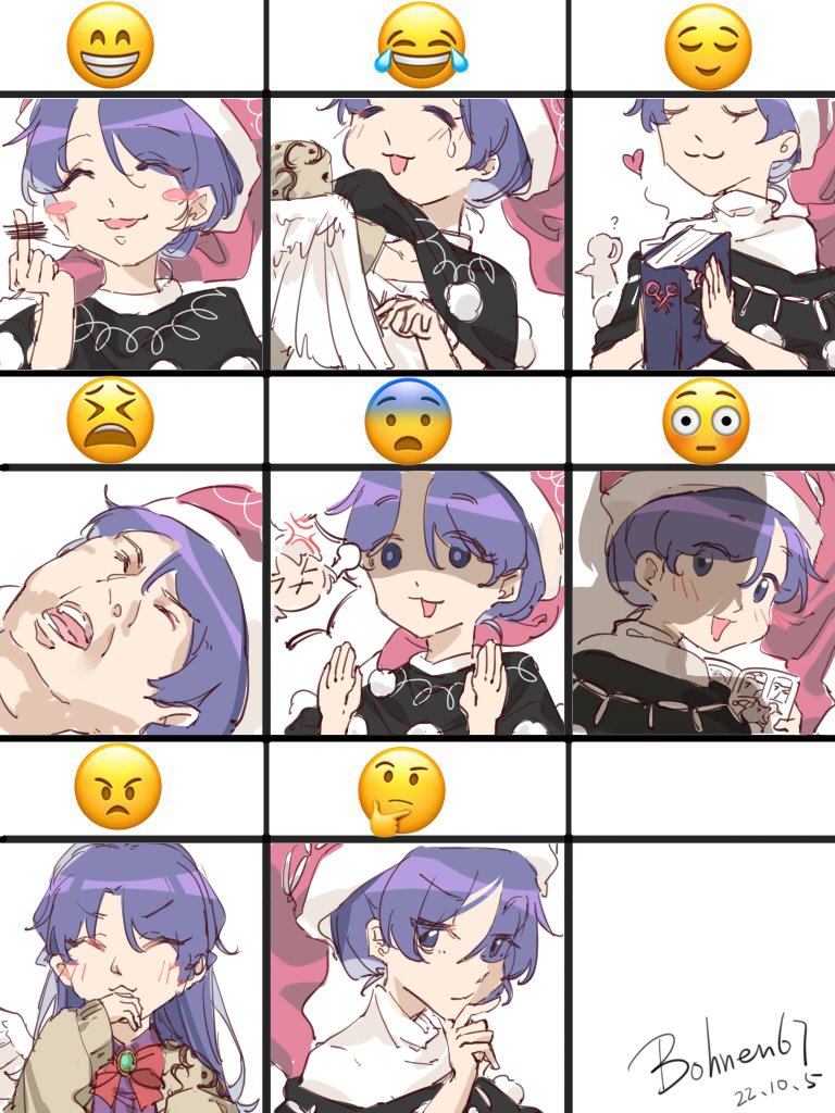 :3 :x bar_censor black_capelet blush book bow bowtie capelet censored closed_eyes cosplay dated doremy_sweet emoji expressions happy hat heart holding holding_book kishin_sagume kishin_sagume_(cosplay) makura manatsu_no_yo_no_inmu middle_finger nightcap pom_pom_(clothes) purple_hair red_bow red_bowtie red_headwear relief scared shaded_face short_hair signature single_wing thinking touhou upper_body violet_eyes white_wings wings yajuu_senpai