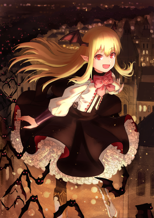 1girl :d animal bangs bat bat_wings black_skirt blonde_hair boots bow cityscape commentary_request eyebrows_visible_through_hair flower flying full_body granblue_fantasy hair_between_eyes head_wings knee_boots long_hair long_sleeves looking_at_viewer open_mouth outdoors petticoat pink_bow pink_flower pink_rose puffy_long_sleeves puffy_sleeves red_eyes rose shingeki_no_bahamut shirt skirt smile solo vampy very_long_hair wasabi60 white_footwear white_shirt wings