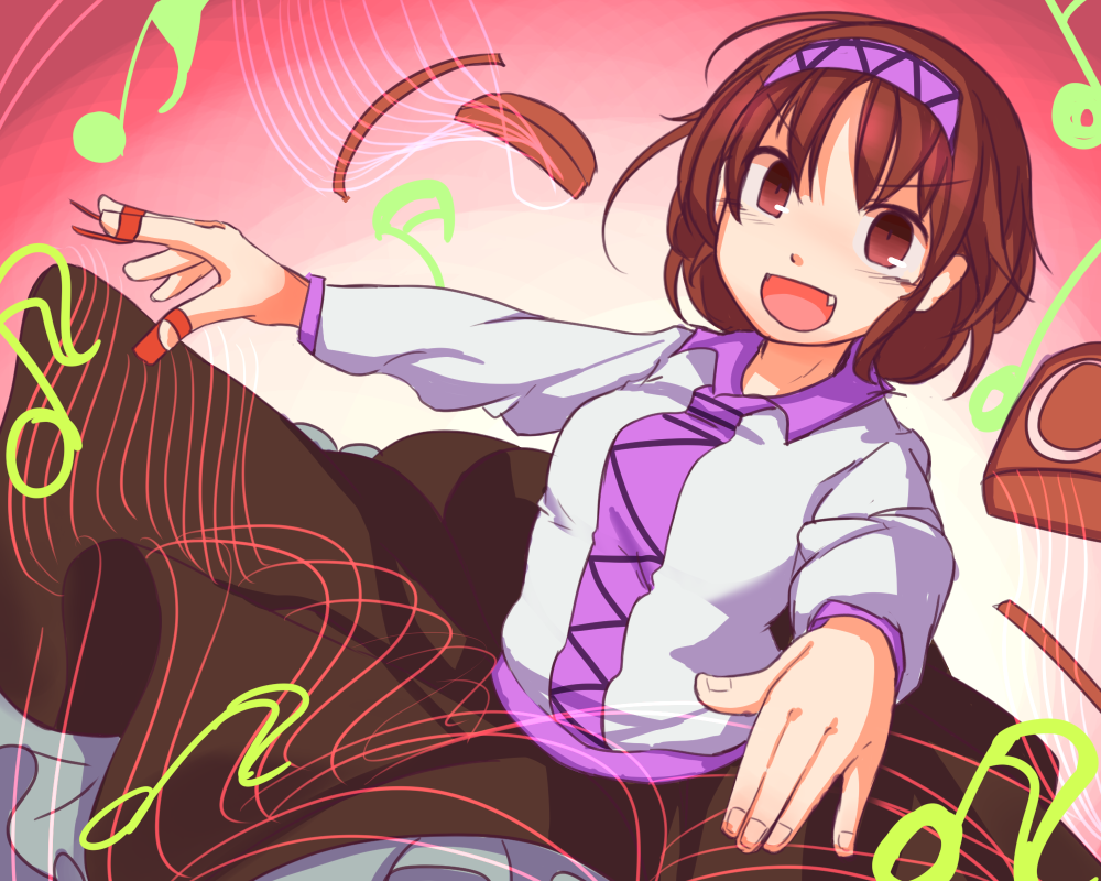 1girl :d blush brown_eyes brown_hair brown_skirt commentary_request fang furorina hairband long_sleeves looking_at_viewer musical_note open_mouth quaver short_hair skirt smile solo touhou tsukumo_yatsuhashi upper_body v-shaped_eyebrows