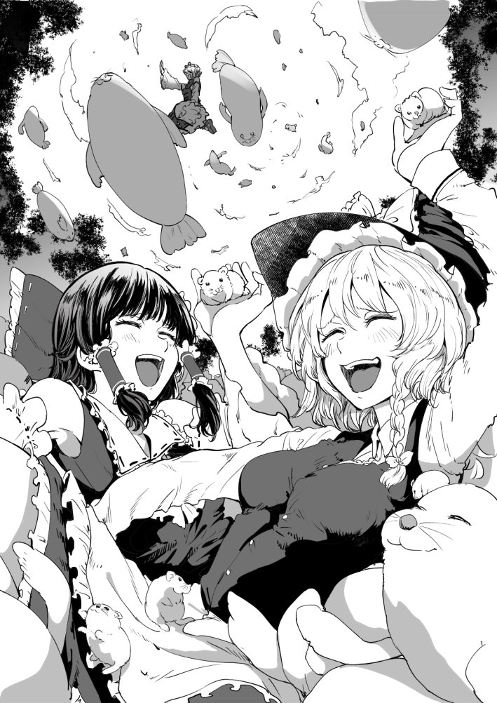 3girls ^_^ apron arm_up armpits bonkara_(sokuseki_maou) bow breasts closed_eyes collared_shirt commentary_request detached_sleeves dress flying frilled_apron frilled_bow frilled_dress frilled_hair_tubes frilled_shirt_collar frilled_skirt frills from_below greyscale hair_bow hair_tubes hakurei_reimu hamster hand_up happy hat hat_bow impossible_clothes impossible_vest in_palm kirisame_marisa laughing layered_dress long_sleeves medium_breasts monochrome multiple_girls open_mouth outdoors petticoat ribbon-trimmed_collar ribbon-trimmed_sleeves ribbon_trim shirt shoes skirt surreal tabard tongue touhou tree upper_teeth vest waist_apron walrus wing_collar witch_hat yakumo_yukari