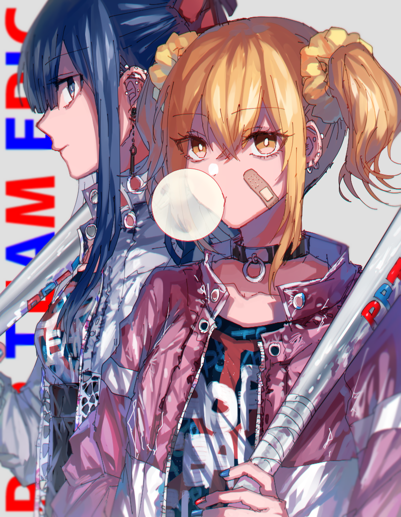 2girls bandaid bandaid_on_face bat blue_hair blue_nails brown_hair bubble_blowing chewing_gum collar danjou_sora earrings holding_baseball_bat jacket jewelry looking_at_viewer multiple_girls nail_polish over_shoulder pipimi poptepipic popuko red_nails sidelocks sketch two_side_up upper_body