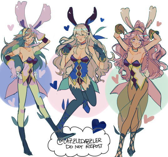animal_ears bare_shoulders blush braid breasts bunny_girl bunny_tail detached_collar egg fake_animal_ears female_my_unit_(fire_emblem_if) fire_emblem fire_emblem:_kakusei fire_emblem_heroes fire_emblem_if gloves hairband jewelry leotard long_hair mamkute midriff multiple_girls my_unit_(fire_emblem_if) olivia_(fire_emblem) open_mouth pink_hair pointy_ears pomme_(lazzledazzle) rabbit_ears simple_background smile soleil_(fire_emblem_if) tail twin_braids violet_eyes white_background white_hair