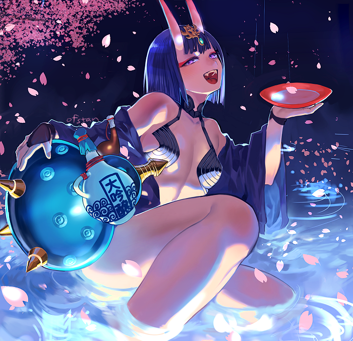 1girl :d bare_shoulders breasts cherry_blossoms eyeliner fang fate/grand_order fate_(series) gourd horns japanese_clothes kimono long_hair makeup off_shoulder ofstan oni open_clothes open_kimono open_mouth petals purple_hair short_hair shuten_douji_(fate/grand_order) smile solo teeth violet_eyes water