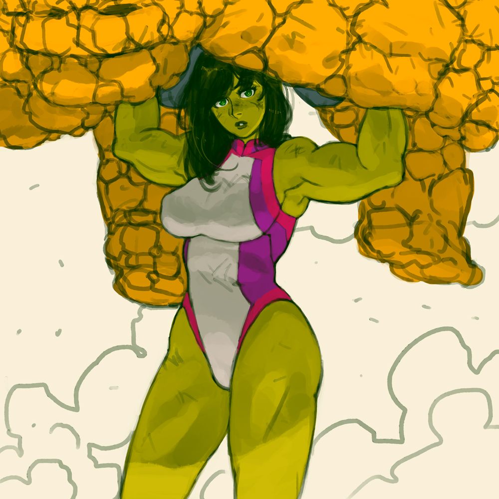 1boy 1girl arthur_asa ben_grimm biceps breasts carrying dress green_eyes green_skin jennifer_walters large_breasts long_hair marvel muscle muscular_female she-hulk shoulders sleeveless sleeveless_dress thighs thing_(marvel)