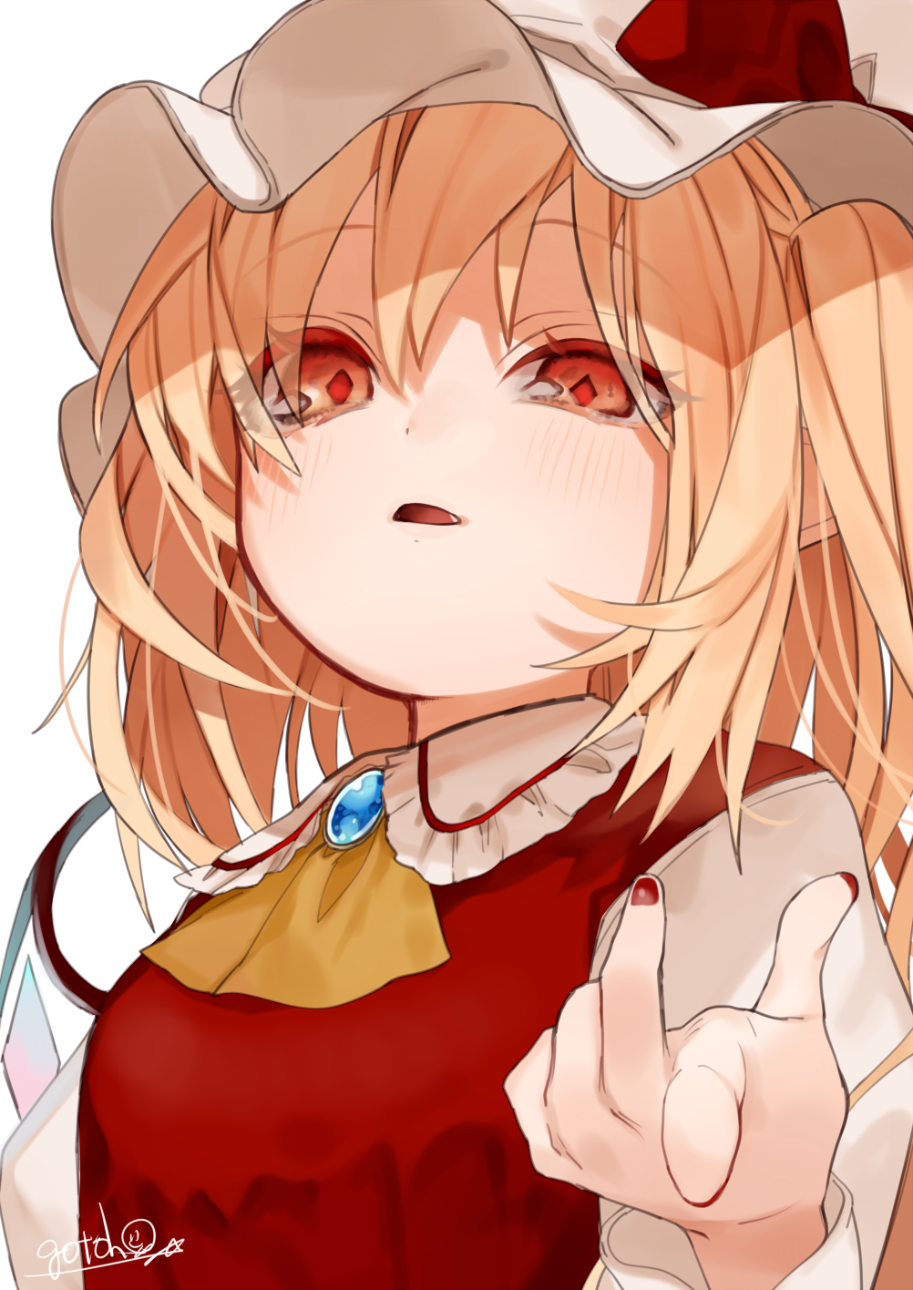 1girl artist_name ascot blonde_hair bow brooch fingernails flandre_scarlet gotoh510 hat hat_bow highres jewelry long_hair looking_at_viewer mob_cap nail_polish one_side_up pointing puffy_short_sleeves puffy_sleeves red_bow red_eyes red_nails short_sleeves simple_background solo touhou upper_body vest white_background white_hat wings yellow_neckwear