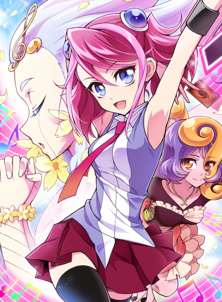 3girls aria_the_melodious_diva bloom_diva_the_melodious_choir blue_eyes breasts dress duel_disk duel_monster hiiragi_yuzu multicolored_hair multiple_girls musical_note necktie pink_hair pink_skin pleated_skirt skirt thigh-highs twintails two-tone_hair yu-gi-oh! yuu-gi-ou_arc-v